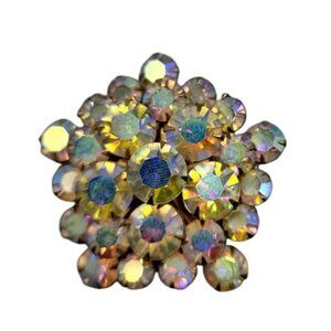 Large Aurora Borealis Rhinestones Brooch Vintage Glass Layered Pin